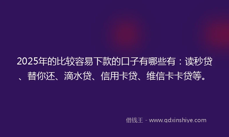 2025年的比较容易下款的口子有哪些有：读秒贷、替你还、滴水贷、信用卡贷、维信卡卡贷等。