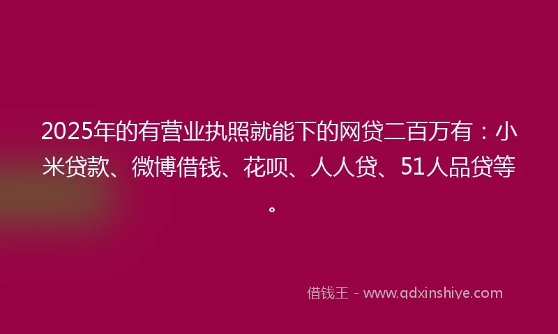 2025年的有营业执照就能下的网贷二百万有：小米贷款、微博借钱、花呗、人人贷、51人品贷等。