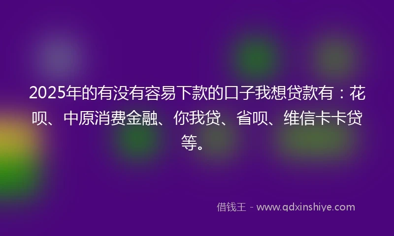 2025年的有没有容易下款的口子我想贷款有：花呗、中原消费金融、你我贷、省呗、维信卡卡贷等。