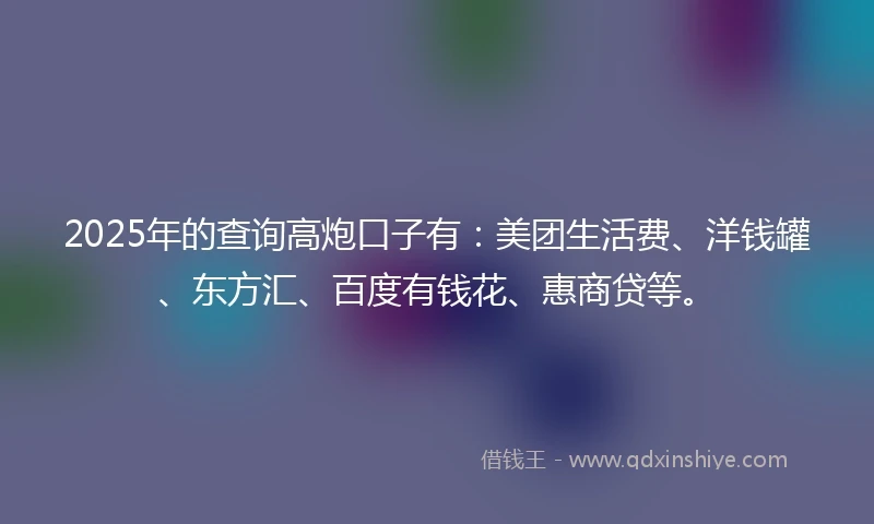 2025年的查询高炮口子有：美团生活费、洋钱罐、东方汇、百度有钱花、惠商贷等。