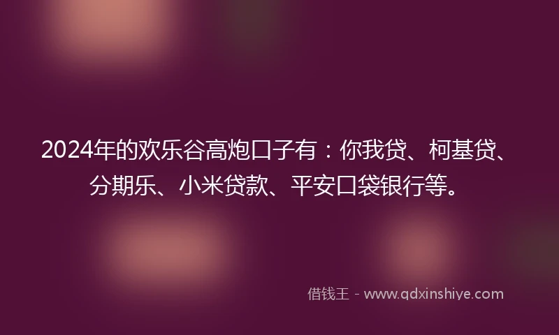 2024年的欢乐谷高炮口子有：你我贷、柯基贷、分期乐、小米贷款、平安口袋银行等。