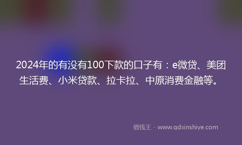 2024年的有没有100下款的口子有：e微贷、美团生活费、小米贷款、拉卡拉、中原消费金融等。