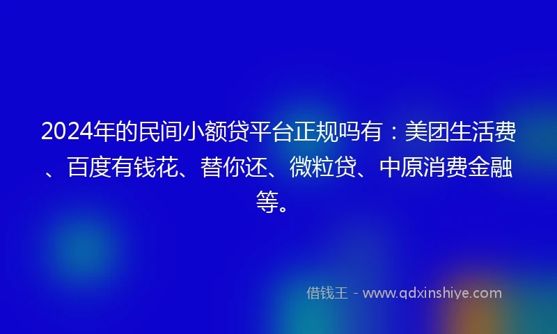2024年的民间小额贷平台正规吗有：美团生活费、百度有钱花、替你还、微粒贷、中原消费金融等。
