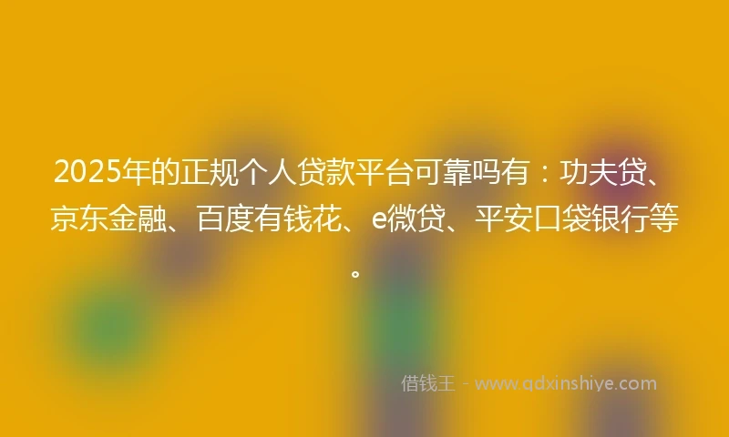 2025年的正规个人贷款平台可靠吗有：功夫贷、京东金融、百度有钱花、e微贷、平安口袋银行等。