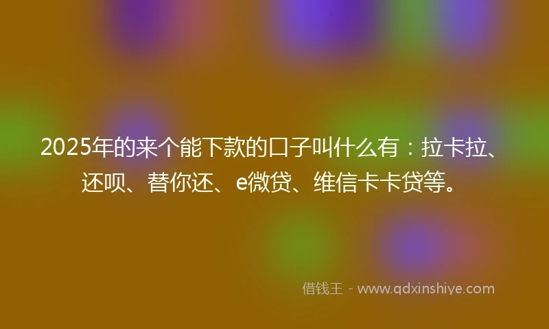 2025年的来个能下款的口子叫什么有：拉卡拉、还呗、替你还、e微贷、维信卡卡贷等。