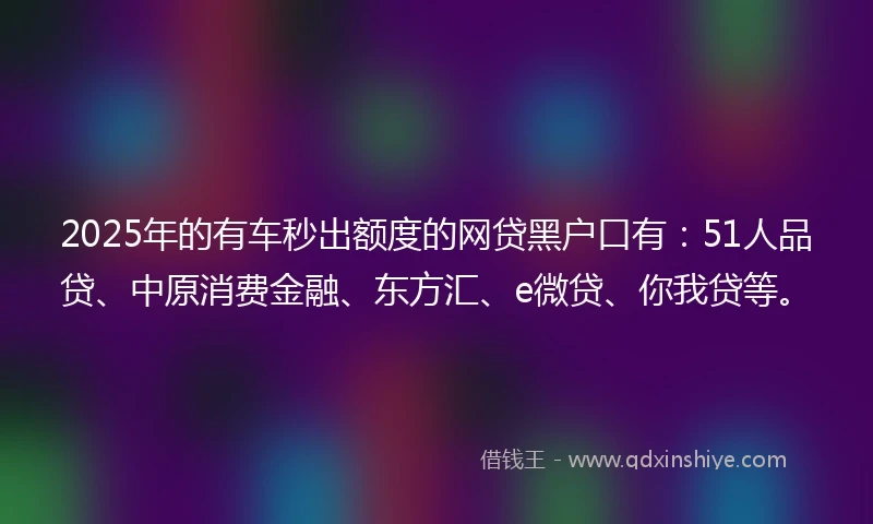 2025年的有车秒出额度的网贷黑户口有：51人品贷、中原消费金融、东方汇、e微贷、你我贷等。