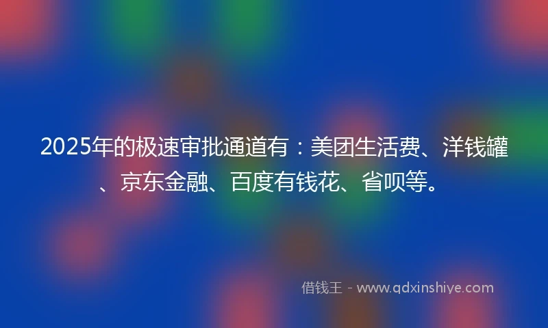 2025年的极速审批通道有:美团生活费、洋钱罐、京东金融、百度有钱花、省呗等。