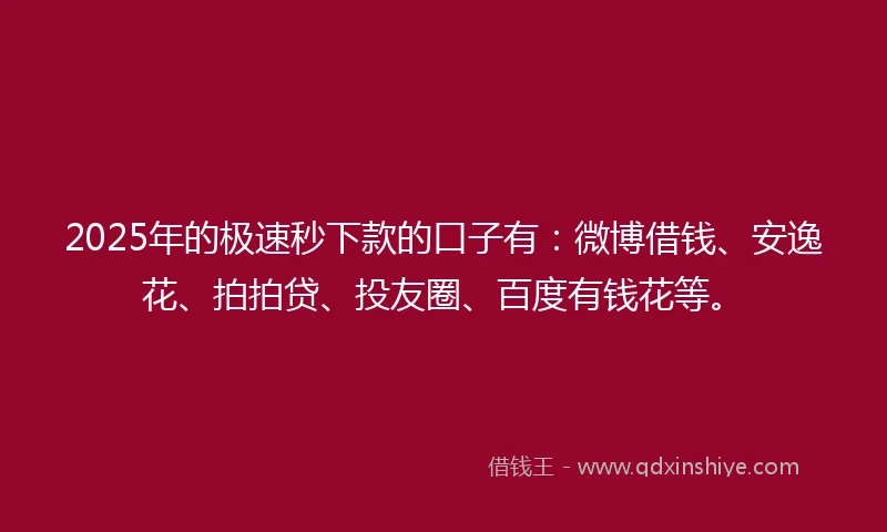 2025年的极速秒下款的口子有：微博借钱、安逸花、拍拍贷、投友圈、百度有钱花等。