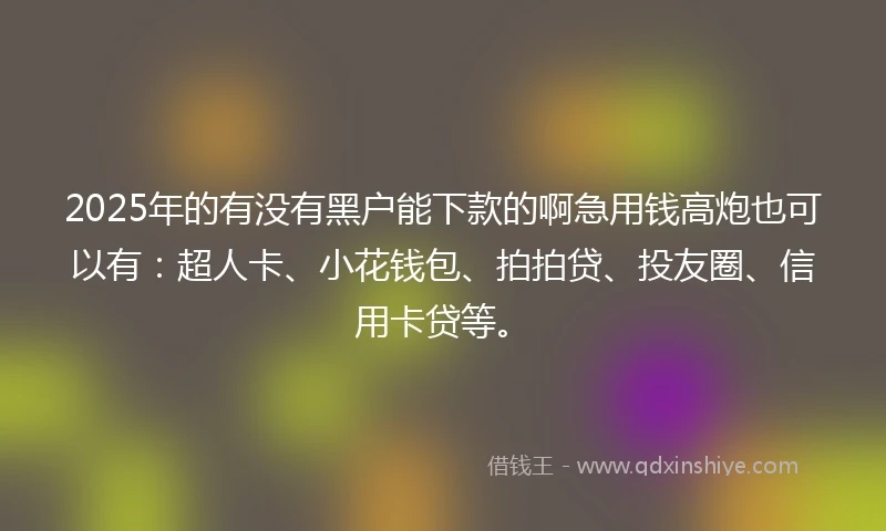 2025年的有没有黑户能下款的啊急用钱高炮也可以有：超人卡、小花钱包、拍拍贷、投友圈、信用卡贷等。
