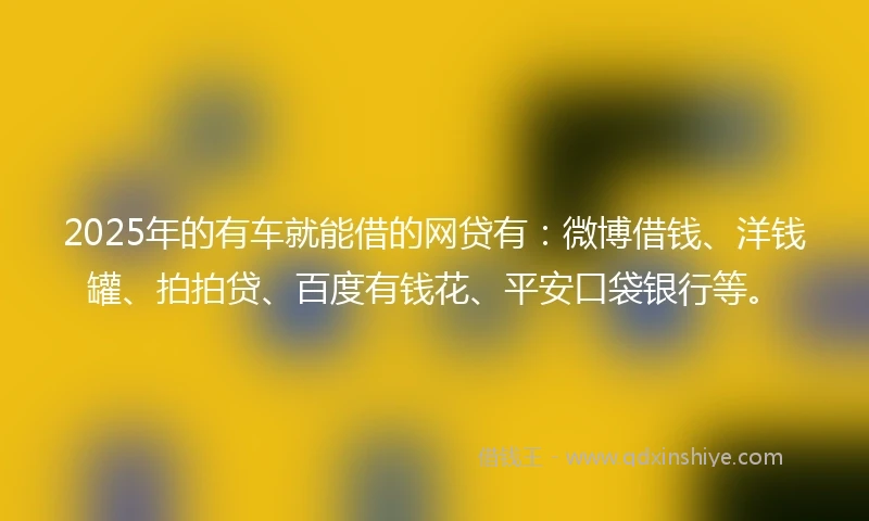 2025年的有车就能借的网贷有：微博借钱、洋钱罐、拍拍贷、百度有钱花、平安口袋银行等。