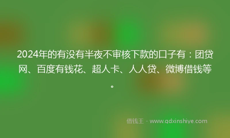 2024年的有没有半夜不审核下款的口子有：团贷网、百度有钱花、超人卡、人人贷、微博借钱等。