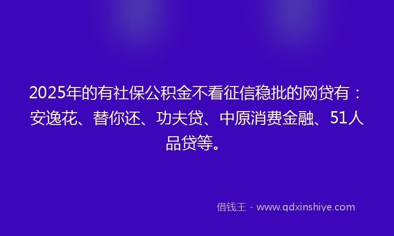 2025年的有社保公积金不看征信稳批的网贷有：安逸花、替你还、功夫贷、中原消费金融、51人品贷等。