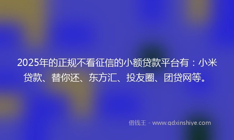 2025年的正规不看征信的小额贷款平台有：小米贷款、替你还、东方汇、投友圈、团贷网等。