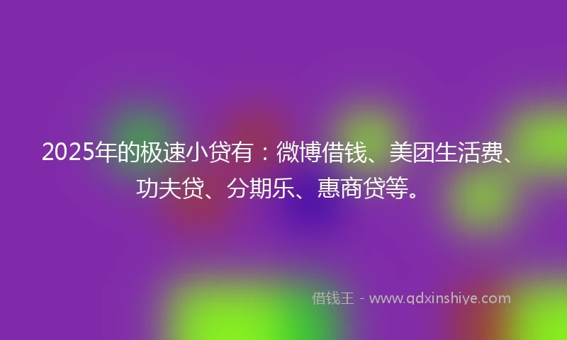 2025年的极速小贷有：微博借钱、美团生活费、功夫贷、分期乐、惠商贷等。