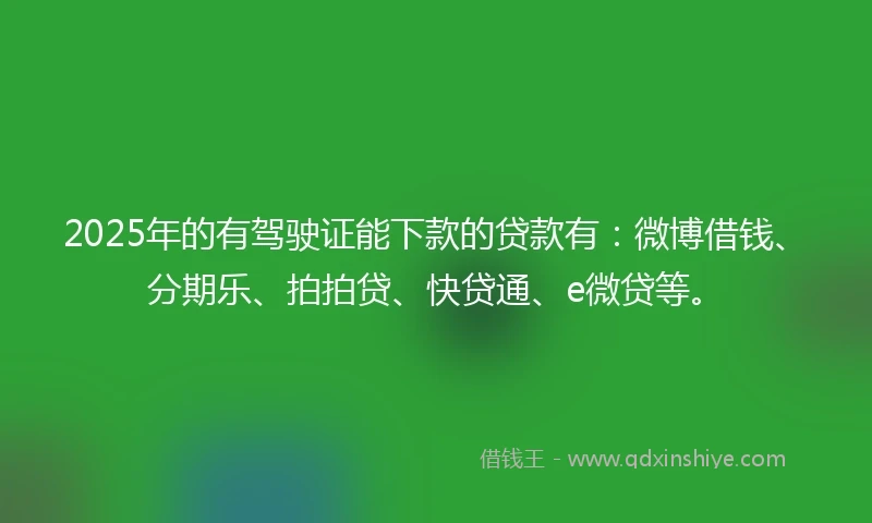 2025年的有驾驶证能下款的贷款有：微博借钱、分期乐、拍拍贷、快贷通、e微贷等。
