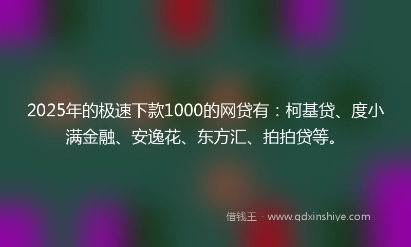 2025年的极速下款1000的网贷有：柯基贷、度小满金融、安逸花、东方汇、拍拍贷等。
