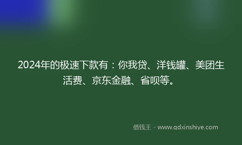 2024年的极速下款有：你我贷、洋钱罐、美团生活费、京东金融、省呗等。