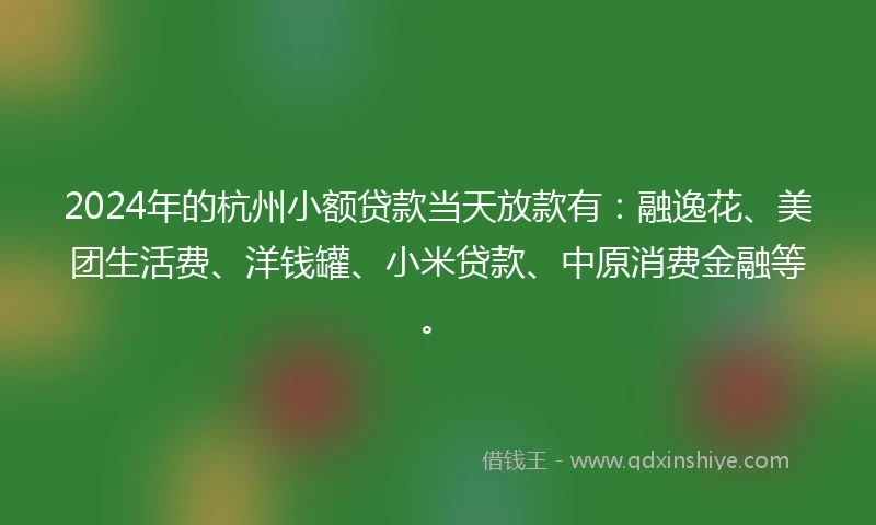 2024年的杭州小额贷款当天放款有：融逸花、美团生活费、洋钱罐、小米贷款、中原消费金融等。