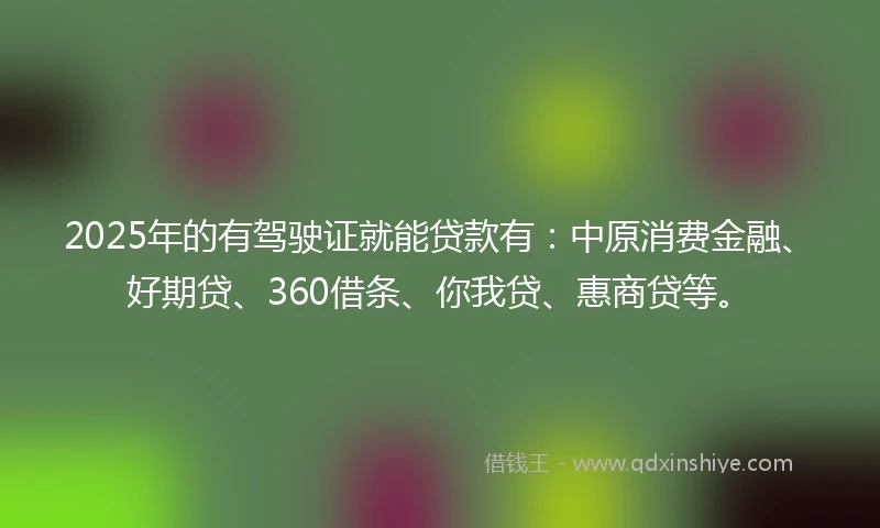 2025年的有驾驶证就能贷款有：中原消费金融、好期贷、360借条、你我贷、惠商贷等。