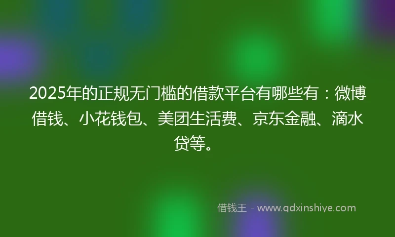 2025年的正规无门槛的借款平台有哪些有：微博借钱、小花钱包、美团生活费、京东金融、滴水贷等。