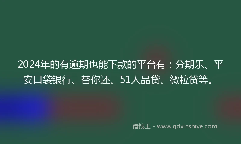 2024年的有逾期也能下款的平台有：分期乐、平安口袋银行、替你还、51人品贷、微粒贷等。