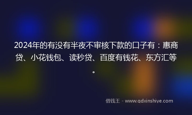 2024年的有没有半夜不审核下款的口子有：惠商贷、小花钱包、读秒贷、百度有钱花、东方汇等。