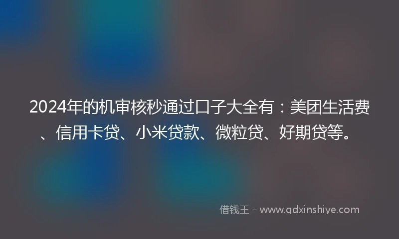 2024年的机审核秒通过口子大全有：美团生活费、信用卡贷、小米贷款、微粒贷、好期贷等。