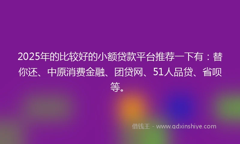 2025年的比较好的小额贷款平台推荐一下有：替你还、中原消费金融、团贷网、51人品贷、省呗等。