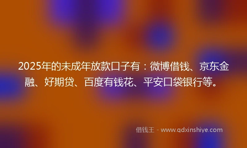 2025年的未成年放款口子有：微博借钱、京东金融、好期贷、百度有钱花、平安口袋银行等。
