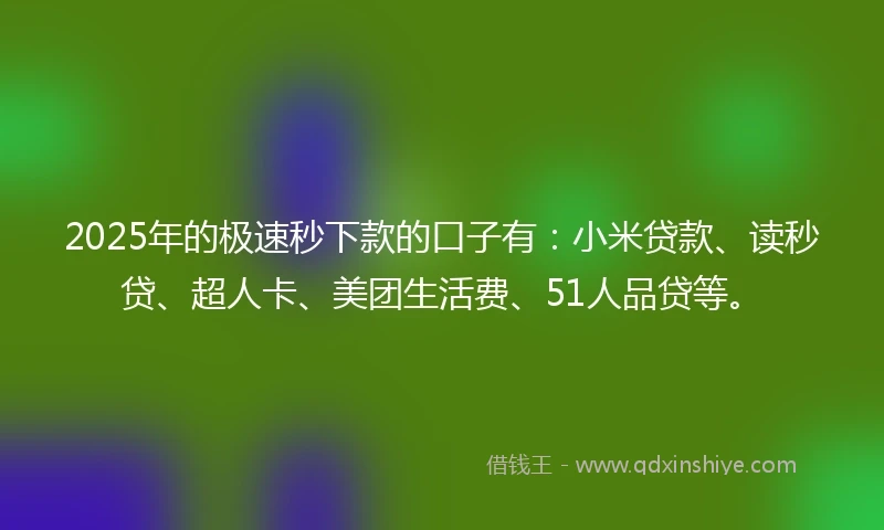 2025年的极速秒下款的口子有：小米贷款、读秒贷、超人卡、美团生活费、51人品贷等。