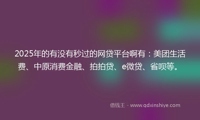 2025年的有没有秒过的网贷平台啊有：美团生活费、中原消费金融、拍拍贷、e微贷、省呗等。