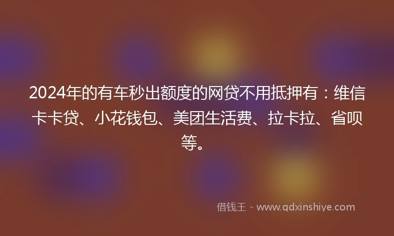 2024年的有车秒出额度的网贷不用抵押有：维信卡卡贷、小花钱包、美团生活费、拉卡拉、省呗等。