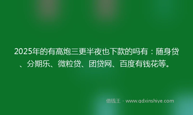 2025年的有高炮三更半夜也下款的吗有：随身贷、分期乐、微粒贷、团贷网、百度有钱花等。