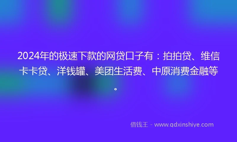 2024年的极速下款的网贷口子有：拍拍贷、维信卡卡贷、洋钱罐、美团生活费、中原消费金融等。