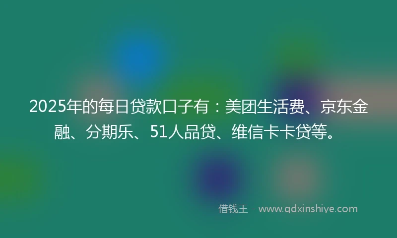 2025年的每日贷款口子有：美团生活费、京东金融、分期乐、51人品贷、维信卡卡贷等。