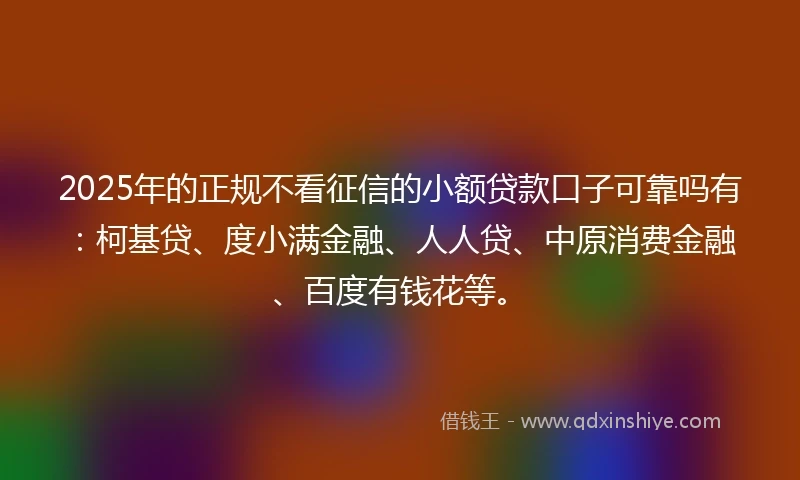 2025年的正规不看征信的小额贷款口子可靠吗有：柯基贷、度小满金融、人人贷、中原消费金融、百度有钱花等。