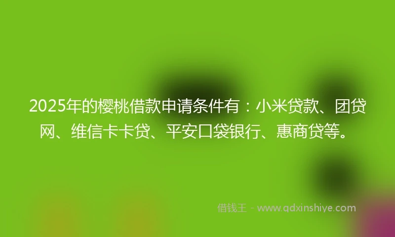 2025年的樱桃借款申请条件有：小米贷款、团贷网、维信卡卡贷、平安口袋银行、惠商贷等。