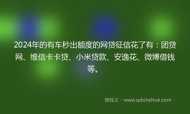 2024年的有车秒出额度的网贷征信花了有：团贷网、维信卡卡贷、小米贷款、安逸花、微博借钱等。