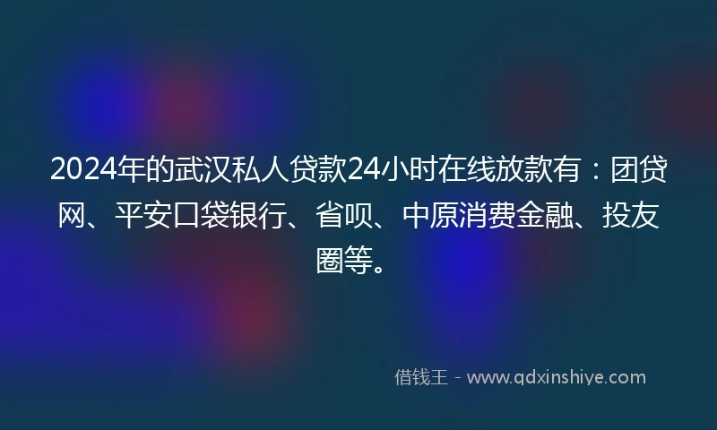 2024年的武汉私人贷款24小时在线放款有：团贷网、平安口袋银行、省呗、中原消费金融、投友圈等。