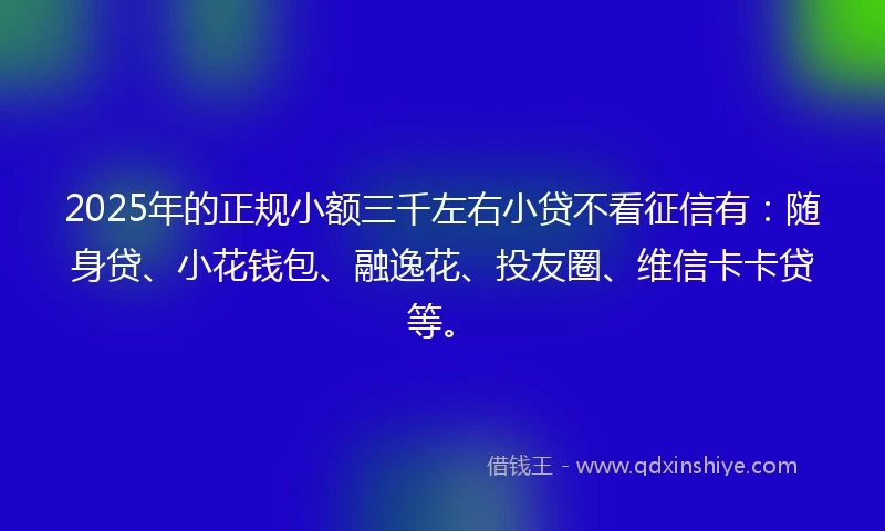 2025年的正规小额三千左右小贷不看征信有：随身贷、小花钱包、融逸花、投友圈、维信卡卡贷等。