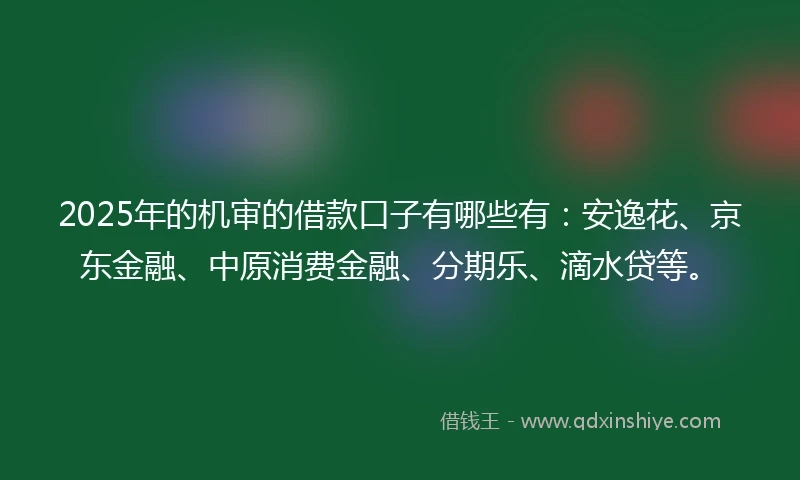 2025年的机审的借款口子有哪些有：安逸花、京东金融、中原消费金融、分期乐、滴水贷等。