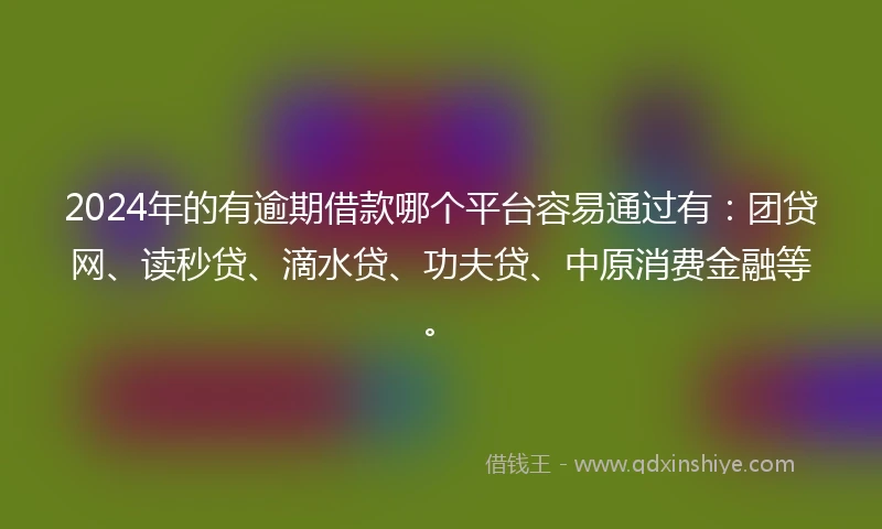 2024年的有逾期借款哪个平台容易通过有：团贷网、读秒贷、滴水贷、功夫贷、中原消费金融等。