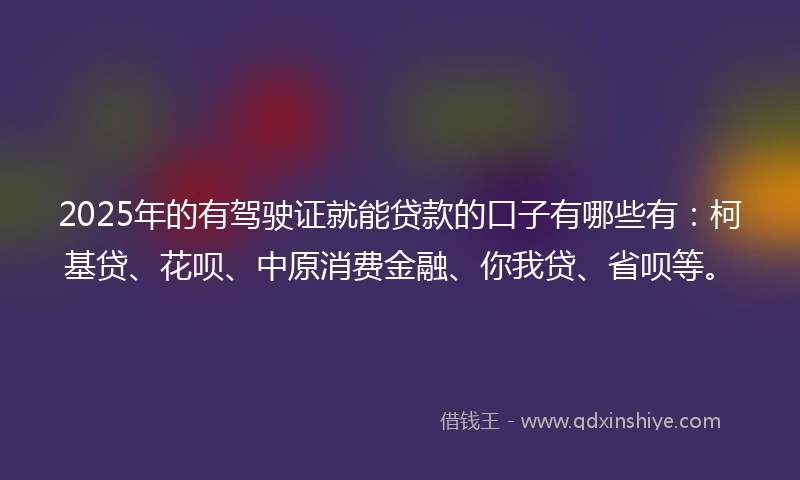 2025年的有驾驶证就能贷款的口子有哪些有：柯基贷、花呗、中原消费金融、你我贷、省呗等。