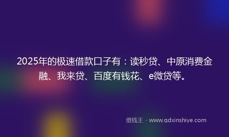 2025年的极速借款口子有：读秒贷、中原消费金融、我来贷、百度有钱花、e微贷等。