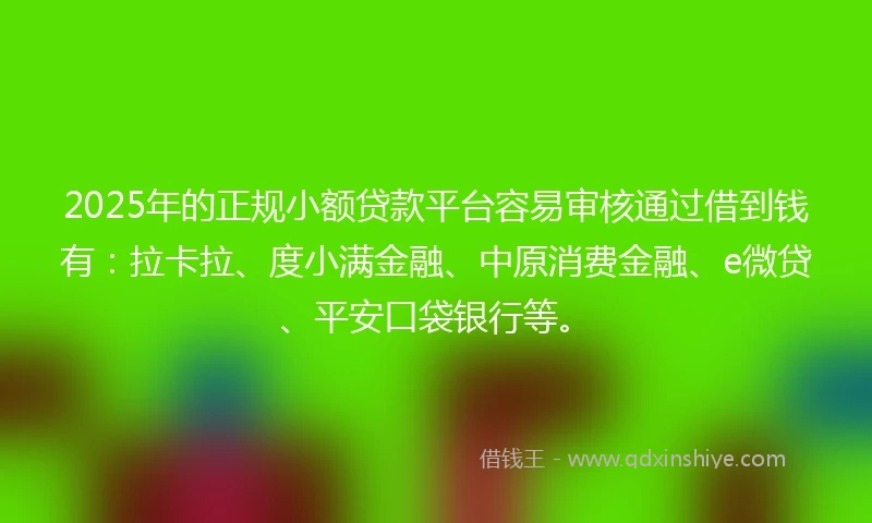 2025年的正规小额贷款平台容易审核通过借到钱有：拉卡拉、度小满金融、中原消费金融、e微贷、平安口袋银行等。