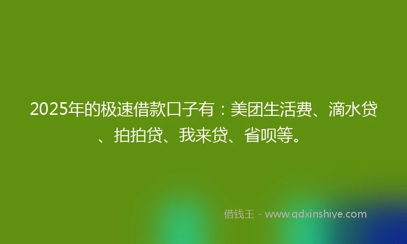 2025年的极速借款口子有：美团生活费、滴水贷、拍拍贷、我来贷、省呗等。