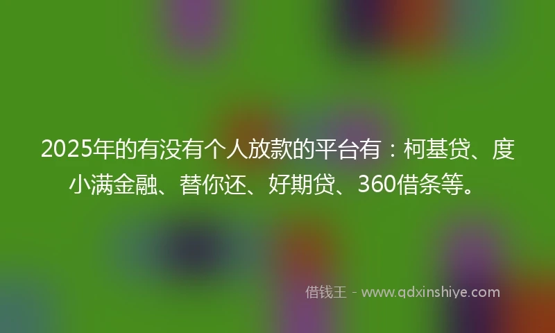 2025年的有没有个人放款的平台有：柯基贷、度小满金融、替你还、好期贷、360借条等。
