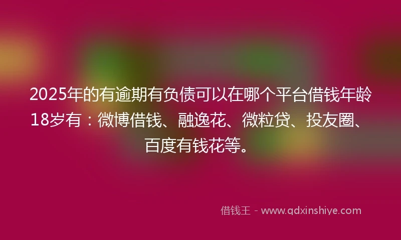 2025年的有逾期有负债可以在哪个平台借钱年龄18岁有：微博借钱、融逸花、微粒贷、投友圈、百度有钱花等。