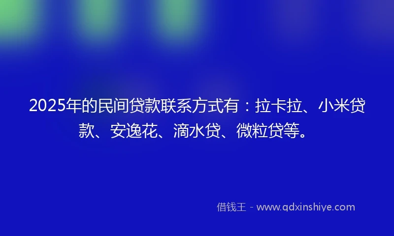 2025年的民间贷款联系方式有：拉卡拉、小米贷款、安逸花、滴水贷、微粒贷等。
