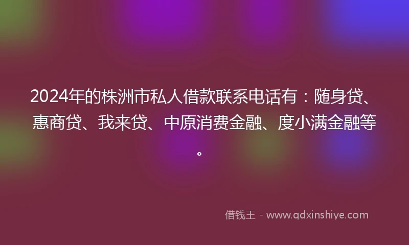 2024年的株洲市私人借款联系电话有：随身贷、惠商贷、我来贷、中原消费金融、度小满金融等。